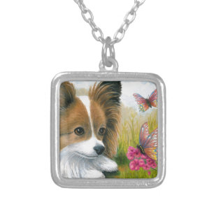 Dog 123 Papillon dog with Butterflies Silver Plated Necklace