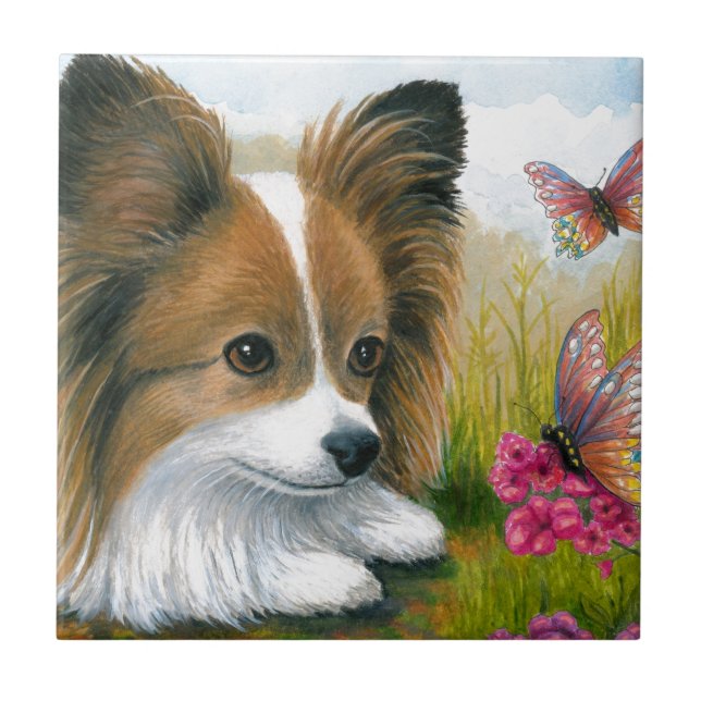 Dog 123 Papillon dog with Butterflies Tile (Front)