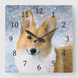 Dog 126 Corgi Snow Winter blue Square Wall Clock