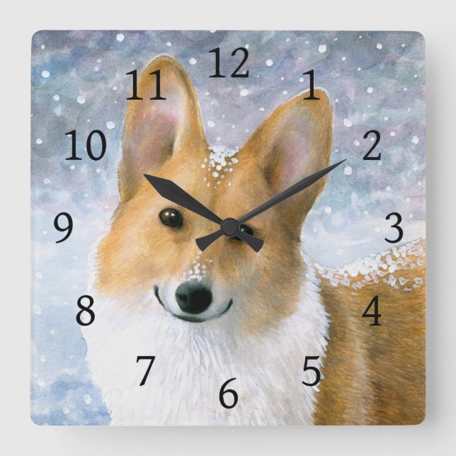 Dog 126 Corgi Snow Winter blue Square Wall Clock (Front)