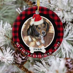 Dog 1st Christmas Photo Buffalo Plaid Santa Hat Ceramic Ornament
