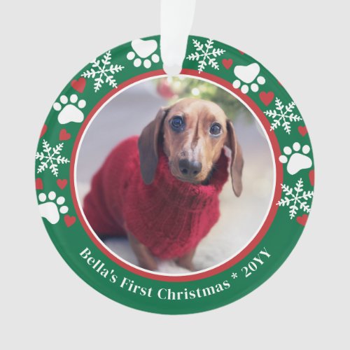 Dog 1st Christmas Snowflakes Pawprints Green Photo Ornament