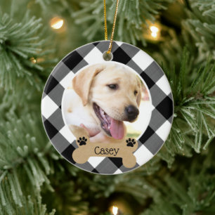 Dog 2-Sided 2-Photo Buffalo Check Ceramic Ornament