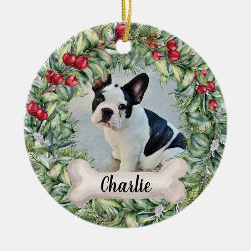 Dog 2 Sided 2 Photo Red Berry Wreath Name Year Ceramic Ornament