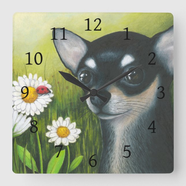 Dog 79 black Chihuahua Ladybug Square Wall Clock (Front)