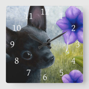 Dog 94 Black Chihuahua Purple Flower Square Wall Clock