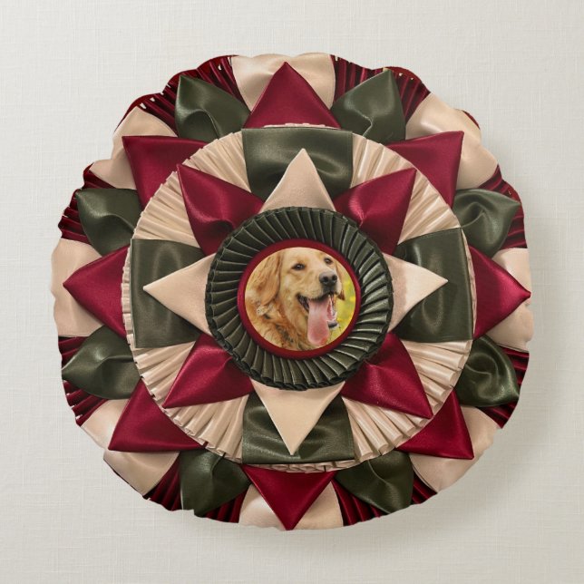 Dog A.K.C. Title Photo Ribbon Rosette Round Pillow (Front)