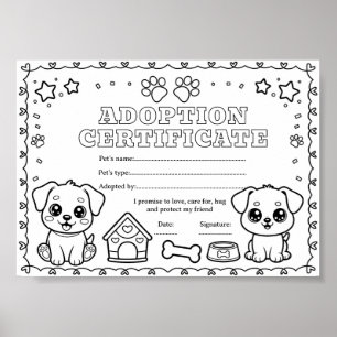 Dog adopt a pet coloring certificate poster