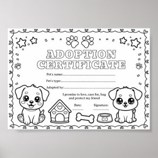 Dog adopt a pet coloring certificate poster