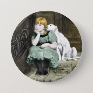 Dog Adoring Girl Victorian Painting Button