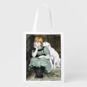 Dog Adoring Girl Victorian Painting Grocery Bag