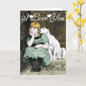 Dog Adoring Girl Victorian Painting I Love You Card (Yellow Flower)