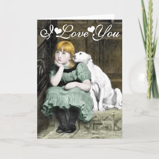 Dog Adoring Girl Victorian Painting I Love You Card (Front)