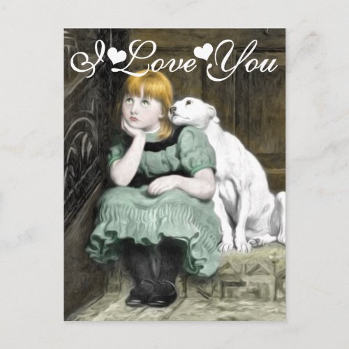 Dog Adoring Girl Victorian Painting I Love You Postcard