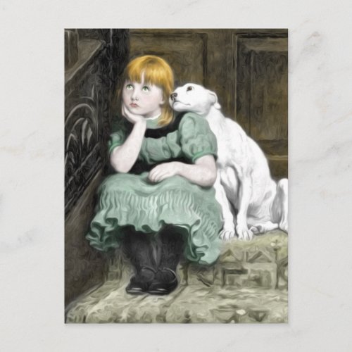 Dog Adoring Girl Victorian Painting Postcard