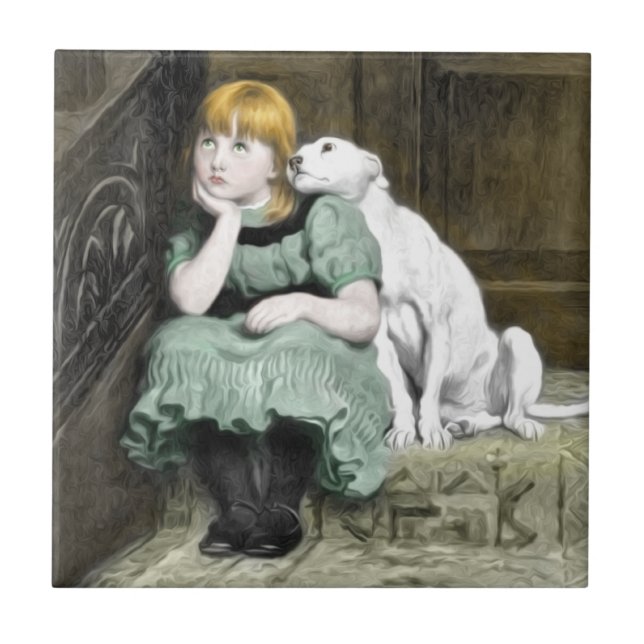 Dog Adoring Girl Victorian Painting Tile (Front)