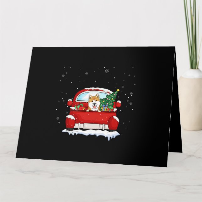 Dog Akita Ride Red Truck Christmas Pajama Xmas Lov Card (Front)