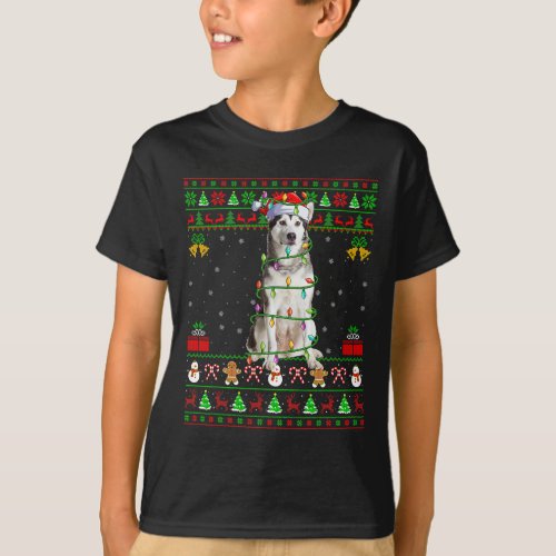 Dog Alaskan Malamute Xmas lighting Matching Santa  T_Shirt