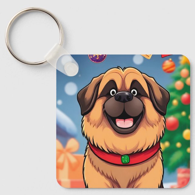Dog Amid Christmas Decorations Keychain (Front)