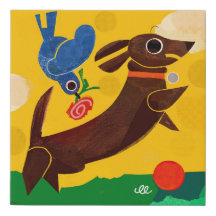Dog and Bird Faux Wrapped Canvas Print