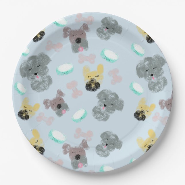 Dog and Bowls Pet Pattern Pink Blue Paper Plates (Front)