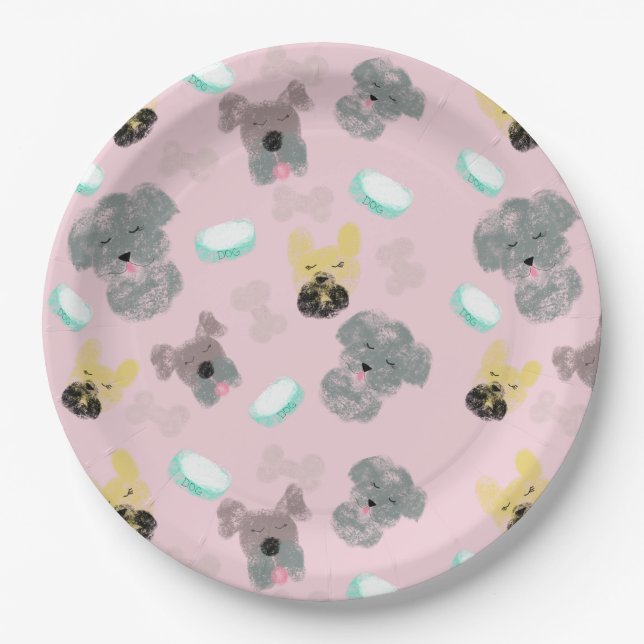 Dog and Bowls Pet Pattern Pink Blue Paper Plates (Front)