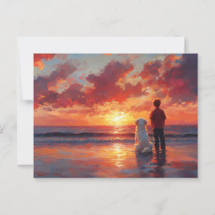 Dog and Boy Watching Sunset on the Beach Postcard