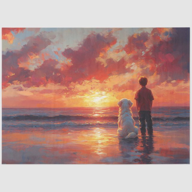 Dog and Boy Watching Sunset on the Beach Tissue Paper (Front)