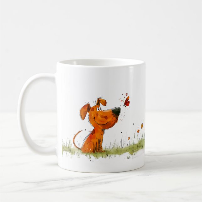 Dog and Butterfly Cartoon Coffee Mug (Left)