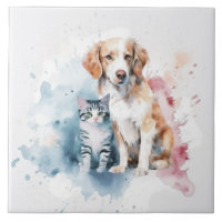Dog and Cat Best Friends Ceramic Tile