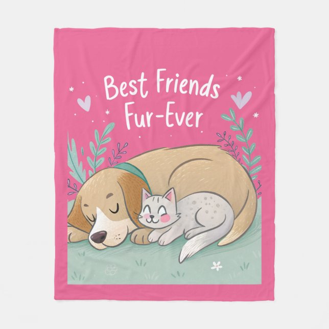 Dog and Cat Best Friends Forever Fleece Blanket (Front)