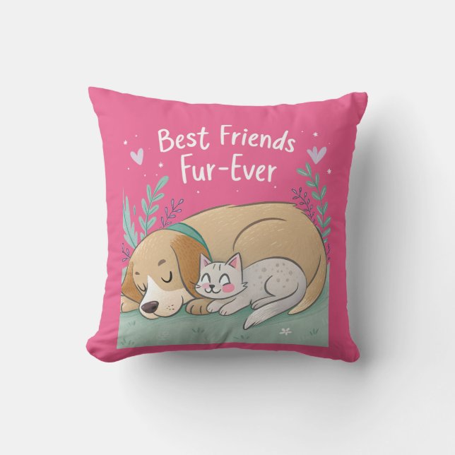 Dog and Cat Best Friends Forever Throw Pillow (Front)
