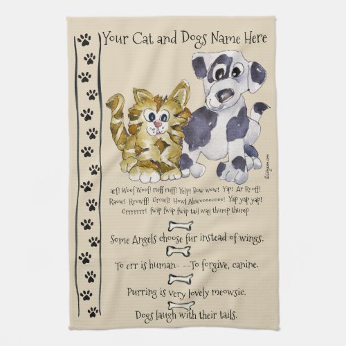 Dog and Cat Cartoon Quotes Kitchen Towel