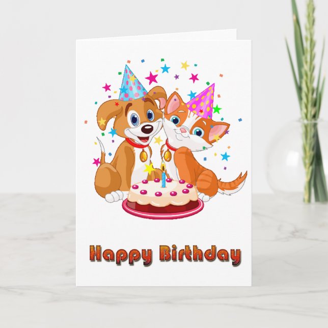 Dog and Cat Celebration Happy Birthday Card (Front)