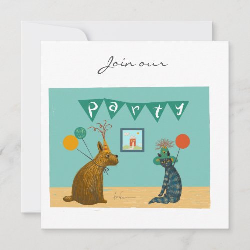 Dog and cat dressed up party hats invitation