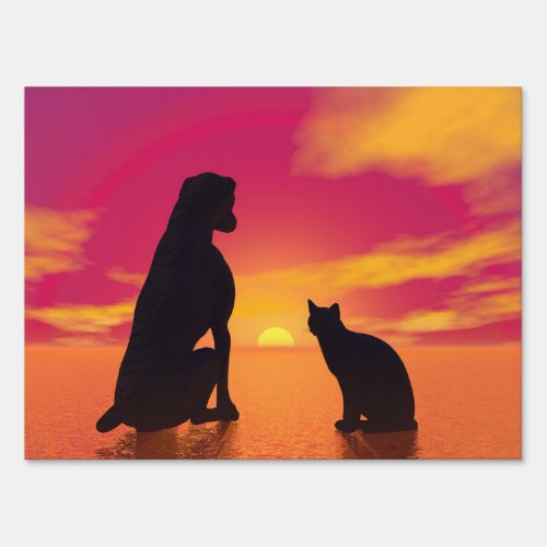 Dog and cat friendship at sunset sign