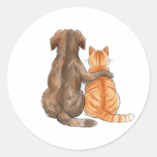 Dog and Cat Friendship Watercolor Classic Round Sticker