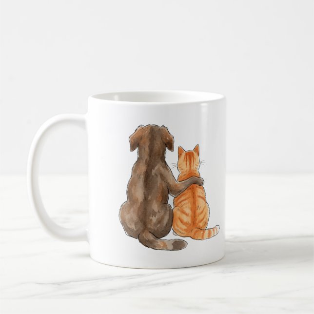 Dog and Cat Friendship Watercolor Coffee Mug (Left)