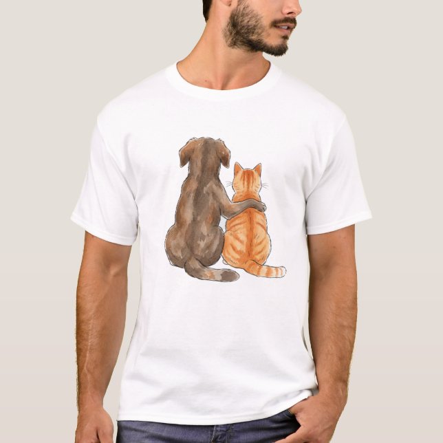 Dog and Cat Friendship Watercolor T-Shirt (Front)