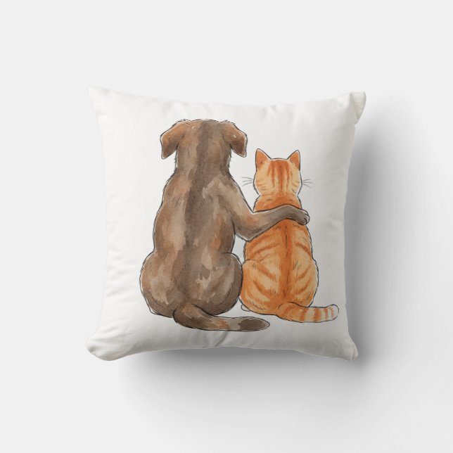 Dog and Cat Friendship Watercolor Throw Pillow (Front)