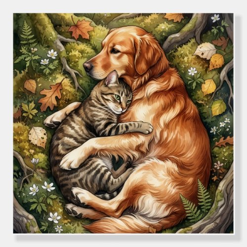 Dog And Cat Hug Forest Wildlife Companionship Flee Foam Board
