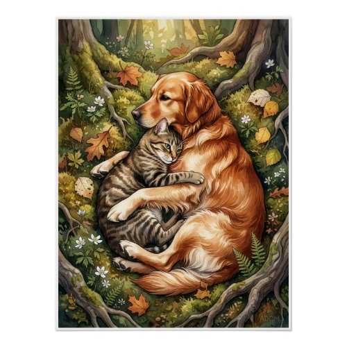 Dog And Cat Hug Forest Wildlife Companionship Flee Poster