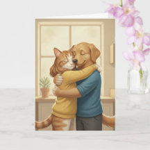 Dog and Cat Hugging Romantic Greeting Card