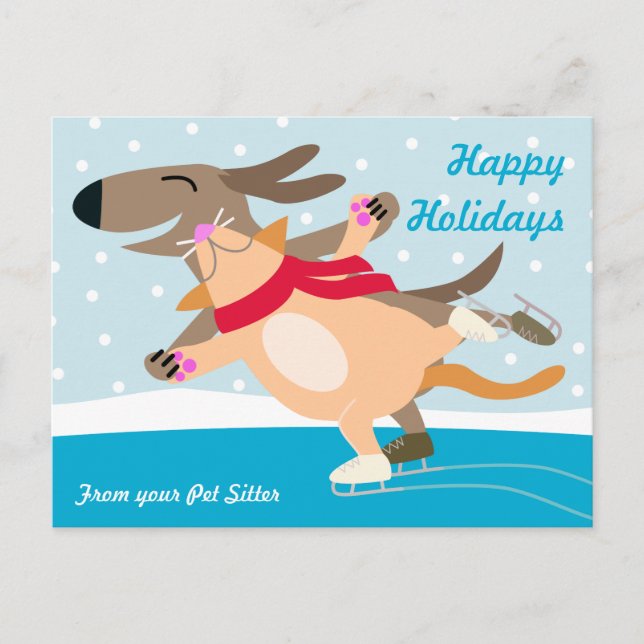 Dog and Cat Ice Skating-Happy Holidays Holiday Postcard (Front)