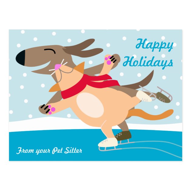 Dog And Cat Ice Skating-Happy Holidays Postcard