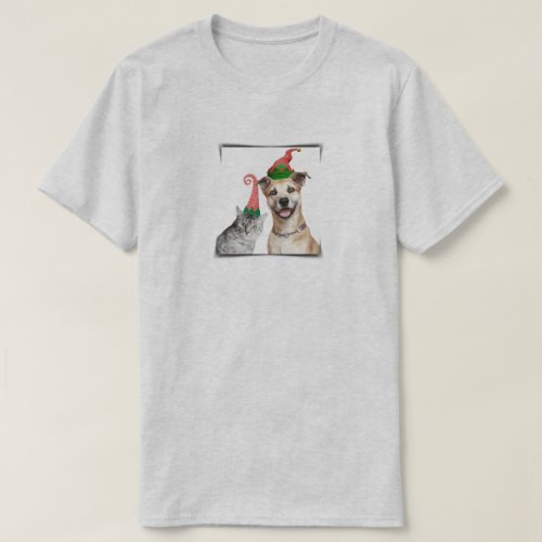 Dog and Cat in Elf hat funny cute colorful print T_Shirt