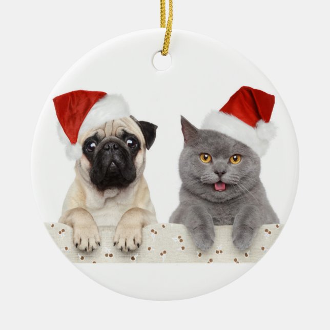 Dog And Cat In Red Christmas Hat Ceramic Ornament (Front)