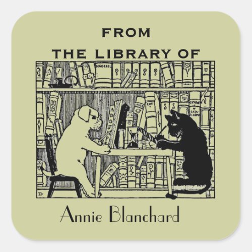 Dog and Cat in the Library Square Sticker