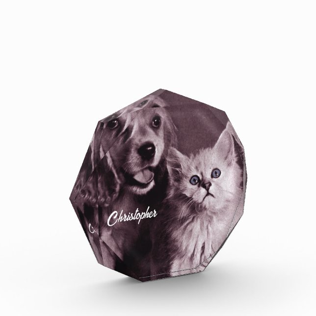 Dog and Cat, Looking Up Personalized Acrylic Award (Left)