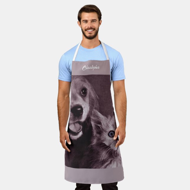 Dog and Cat, Looking Up Personalized Apron (Worn)